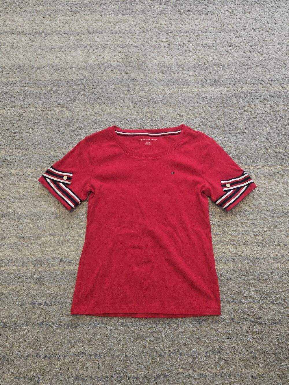 Tommy Hilfiger Women's Red Crewneck T-Shirt Short Sleeve Striped Cuff Button